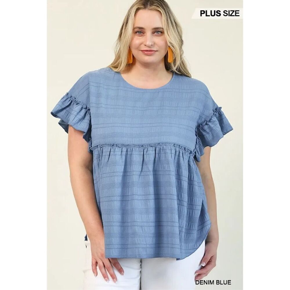 GiGio Plus Womens Ruffled Detail Hi-Low Hem Textured Top Denim Blue Size 1X NWT
